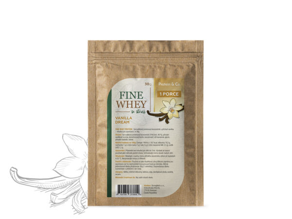 Protein & Co. FINE WHEY – přírodní protein slazený stévií – 30 g Vyber si z těchto lahodných příchutí: Vanilla dream